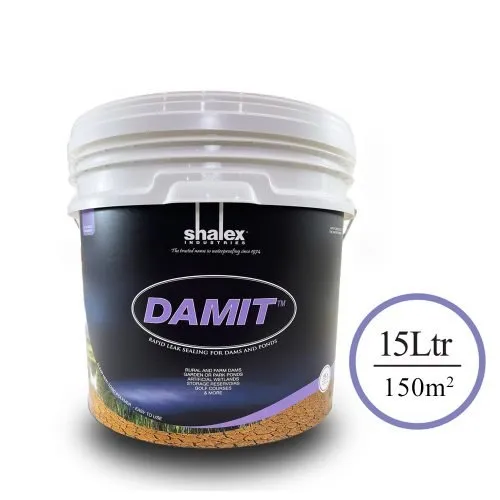 A 15-litre bucket of DamIt Dam Sealer by Shalex Industries, labelled 15 litres covers 150 square metres