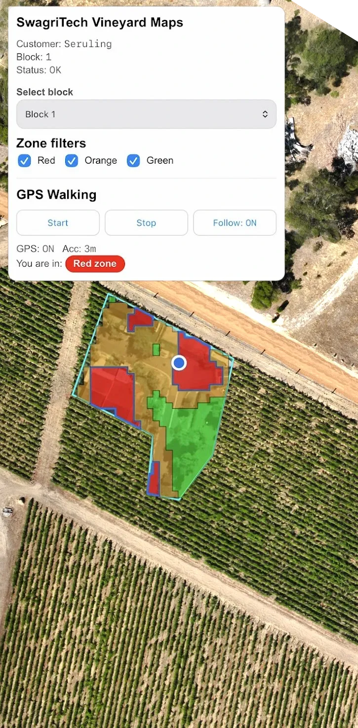 The Vineyard Maps app on a phone: a vineyard block with red, orange and green zones over satellite imagery, a blue GPS dot, and a panel reading You are in: Red zone