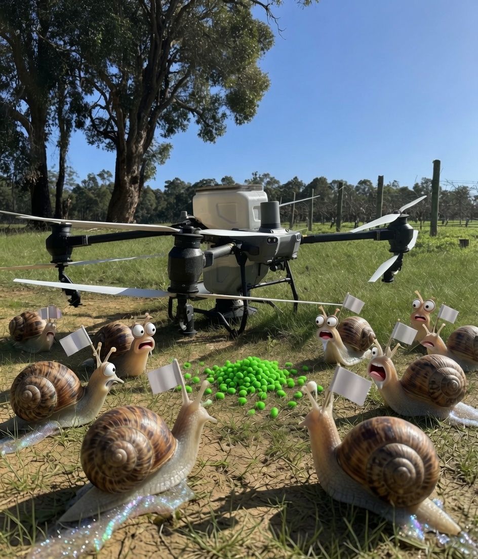 Southwest Agri-Tech spreading drone in a vineyard, with cartoon snails surrendering around a pile of green bait pellets