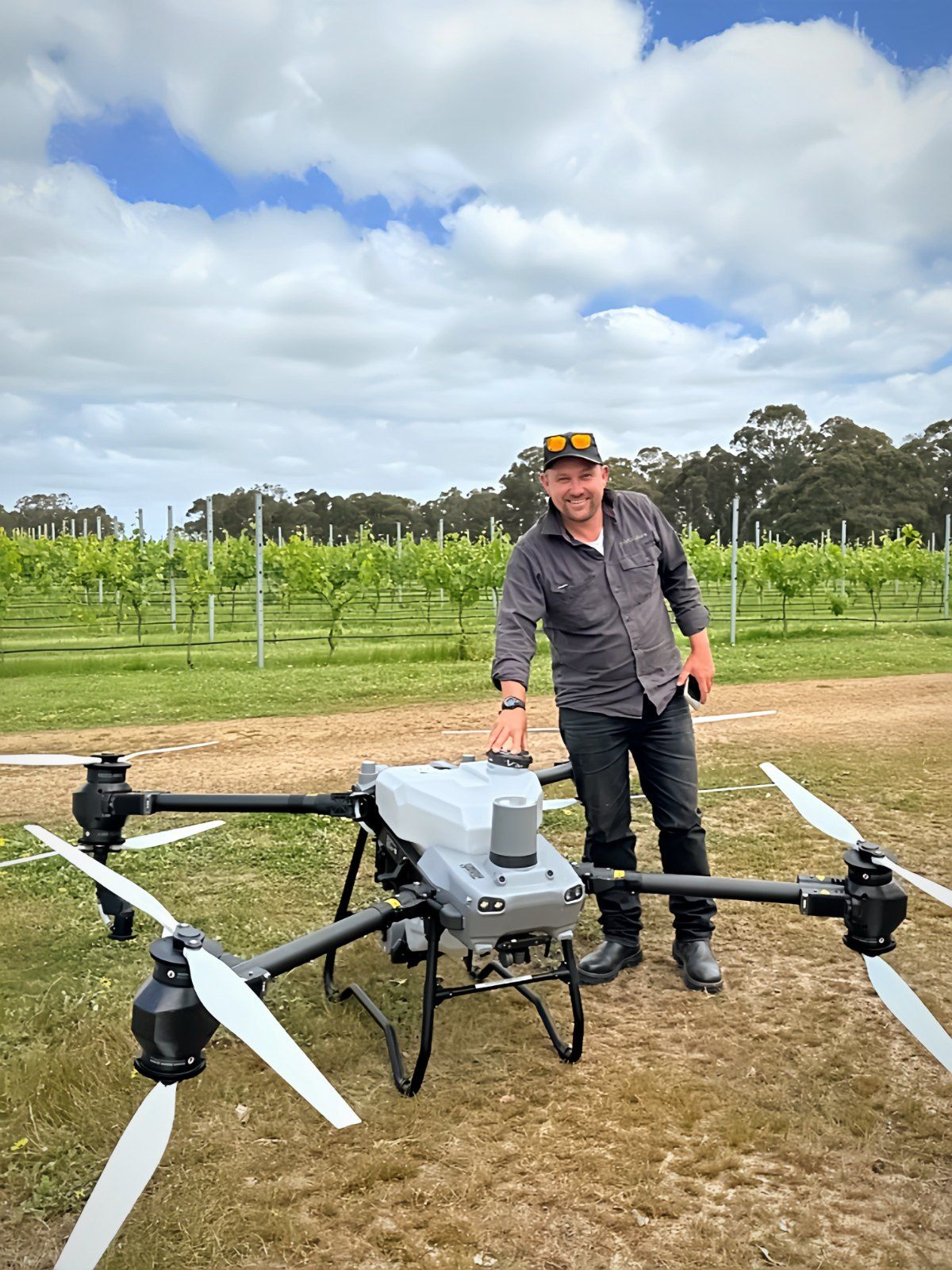 James Harris beside the spray drone in a Margaret River vineyard
